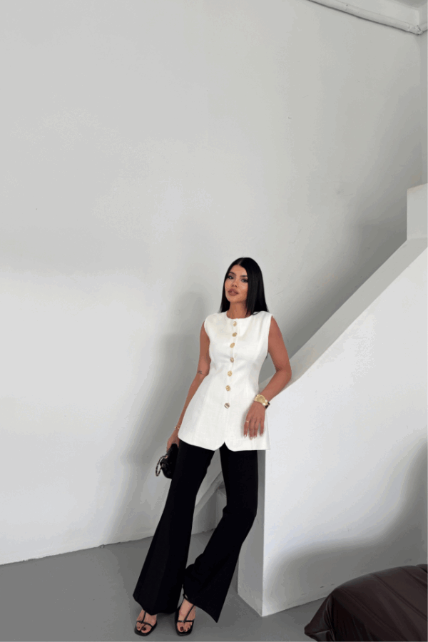 KETEN YELEK BELDEN OTURTMALISIRALI DÜĞME DETAYLI - Beyaz