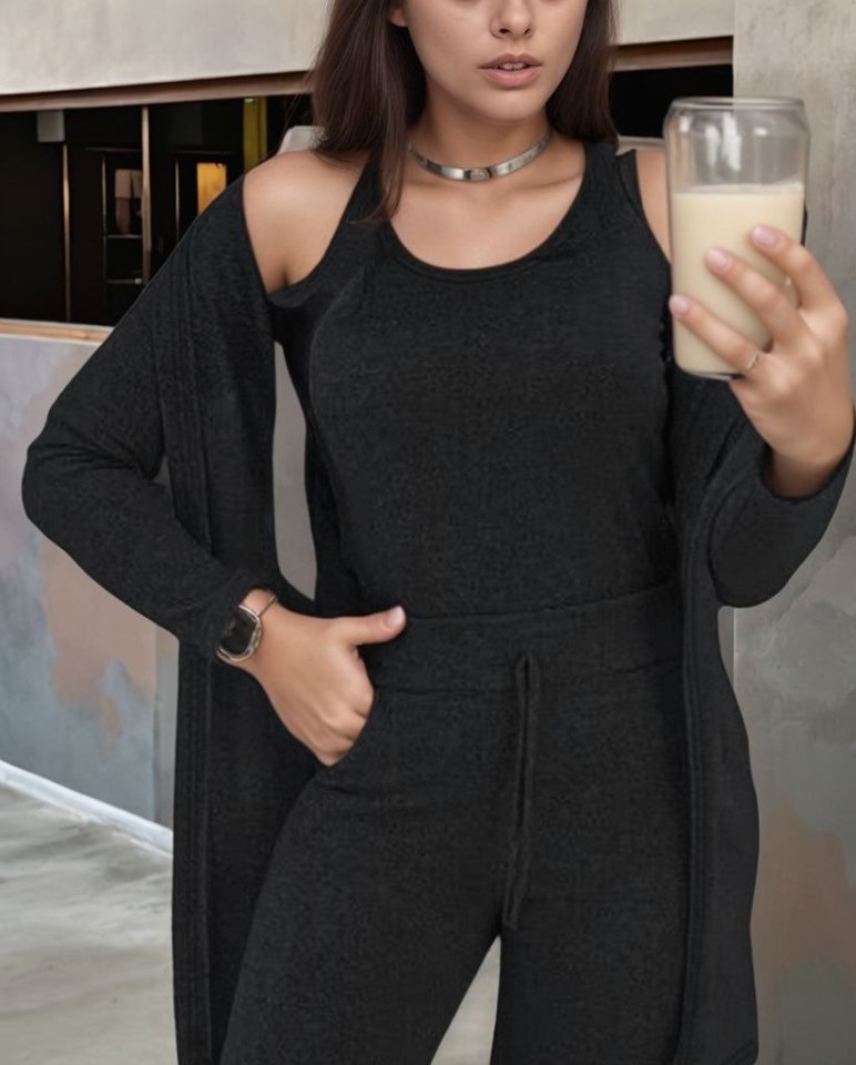 Kadın Uzun Kollu Hırka Atlet Ve Eşofman Yün Viskon üçlü Takım - Görsel 2