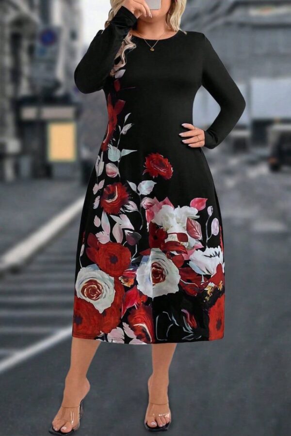 Kadın Uzun Kollu çiçek Baskılı Midi Mikro Elbise