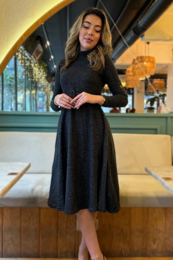 Kadın Uzun Kollu Balıkçı Yaka Kemer Detaylı Yumoş Midi Elbise