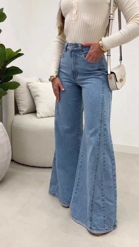 Kadın Yüksek Bel Paçaya Doğru Geniş Kesimli Kot Pantolon - Görsel 2