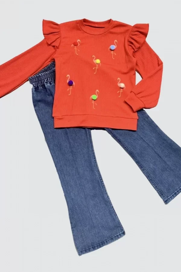 4-5-6 Yaş Kot Pantolonlu Flamingo Desenli Penye Sweat Uzun Kollu 2li Kız Çocuk Takımı Kırmızı