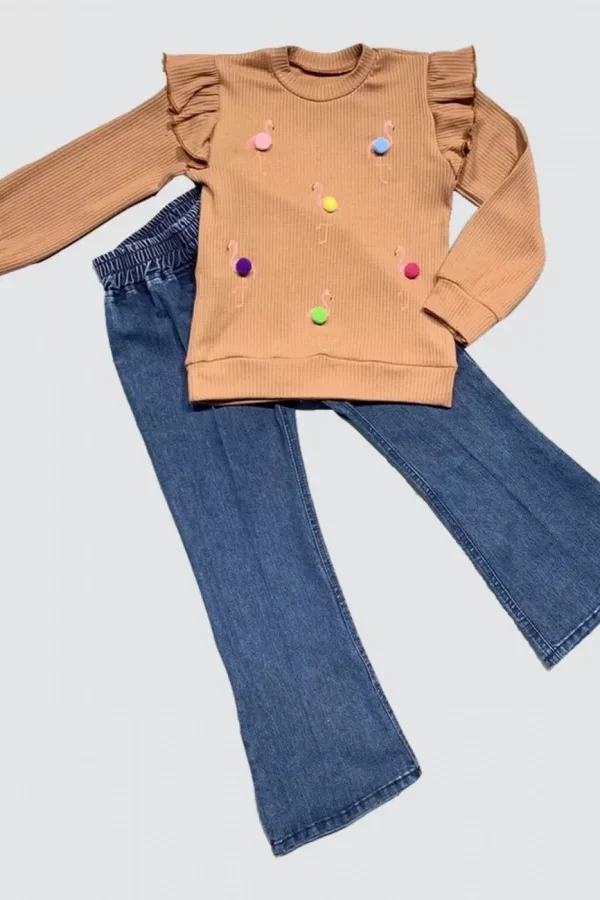 4-5-6 Yaş Kot Pantolonlu Flamingo Desenli Penye Sweat Uzun Kollu 2li Kız Çocuk Takımı Kahverengi