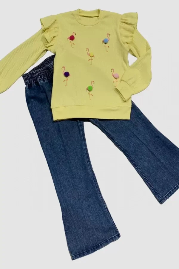 4-5-6 Yaş Kot Pantolonlu Flamingo Desenli Penye Sweat Uzun Kollu 2li Kız Çocuk Takımı Sarı
