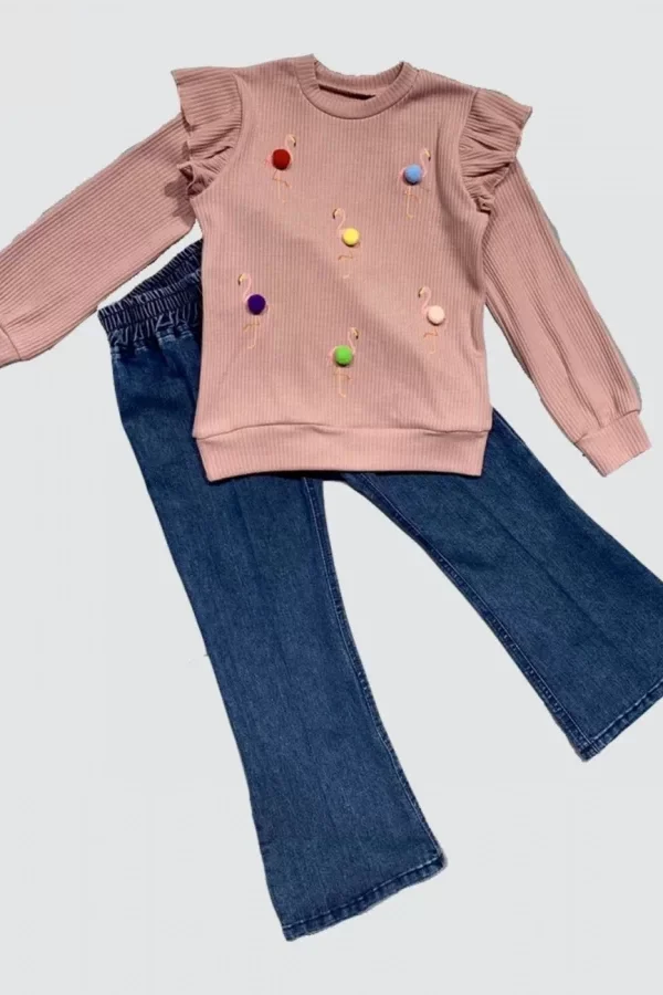 4-5-6 Yaş Kot Pantolonlu Flamingo Desenli Penye Sweat Uzun Kollu 2li Kız Çocuk Takımı Gül Kurusu