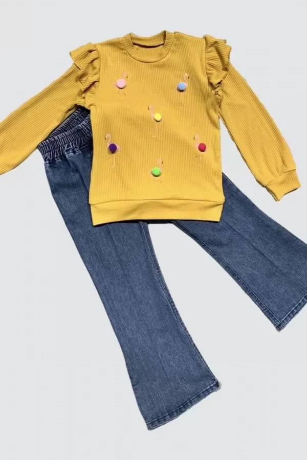 4-5-6 Yaş Kot Pantolonlu Flamingo Desenli Penye Sweat Uzun Kollu 2li Kız Çocuk Takımı Hardal