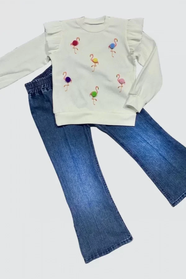 4-5-6 Yaş Kot Pantolonlu Flamingo Desenli Penye Sweat Uzun Kollu 2li Kız Çocuk Takımı Beyaz