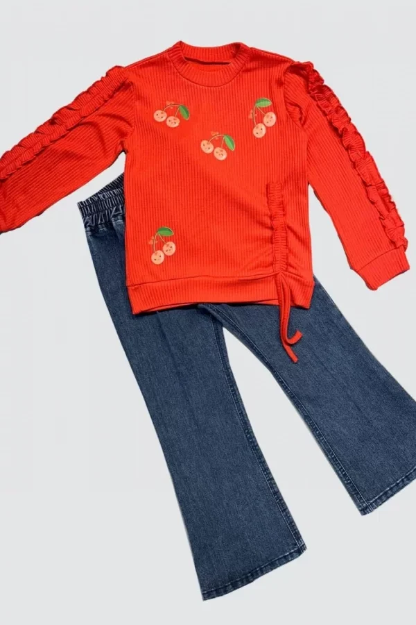 4-5-6 Yaş Kot Pantolonlu Kiraz Desenli Penye Sweat Uzun Kollu 2li Kız Çocuk Takımı Kırmızı