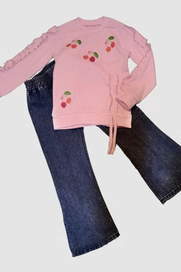 4-5-6 Yaş Kot Pantolonlu Kiraz Desenli Penye Sweat Uzun Kollu 2li Kız Çocuk Takımı Pembe