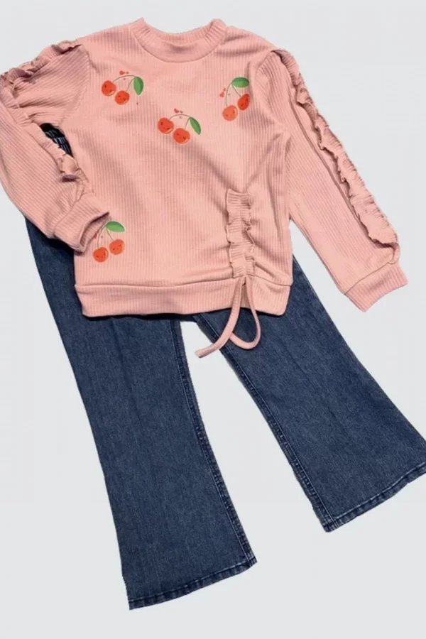 4-5-6 Yaş Kot Pantolonlu Kiraz Desenli Penye Sweat Uzun Kollu 2li Kız Çocuk Takımı Gül Kurusu