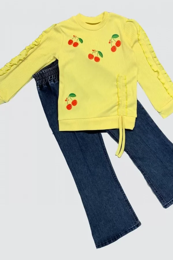 4-5-6 Yaş Kot Pantolonlu Kiraz Desenli Penye Sweat Uzun Kollu 2li Kız Çocuk Takımı Sarı