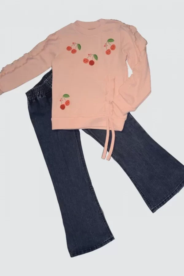 4-5-6 Yaş Kot Pantolonlu Kiraz Desenli Penye Sweat Uzun Kollu 2li Kız Çocuk Takımı Pudra