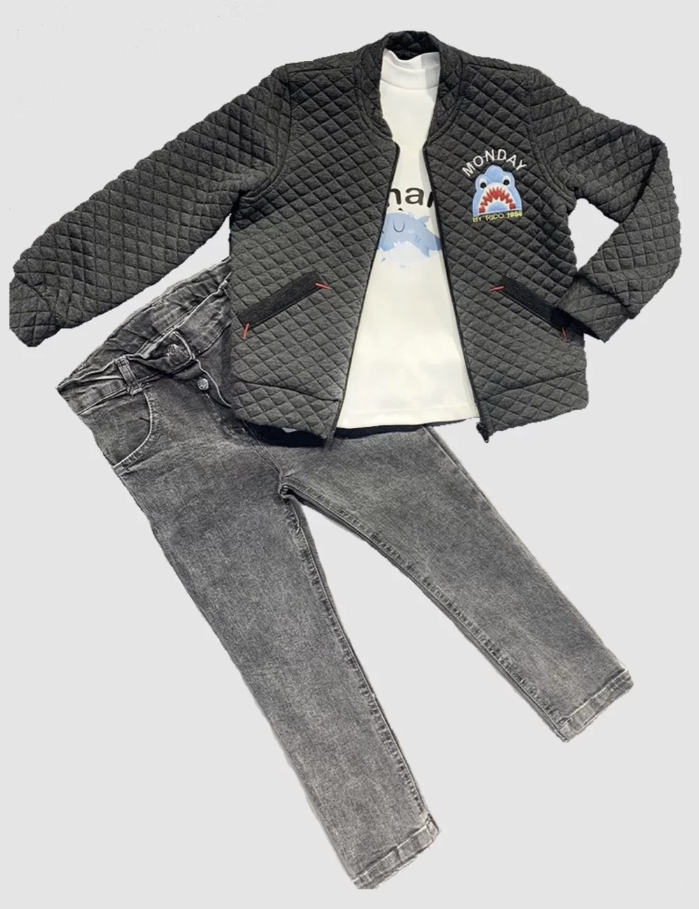 4-5-6 Yaş Kot Pantolonlu Pilot Mont Uzun Kollu Penye Sweat 3lü Erkek Çocuk Takımı - Görsel 2