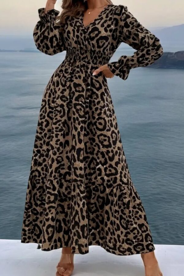 Kadın Uzun Kollu Kruvaze Yaka Leopar Desenli Uzun Süprem Elbise