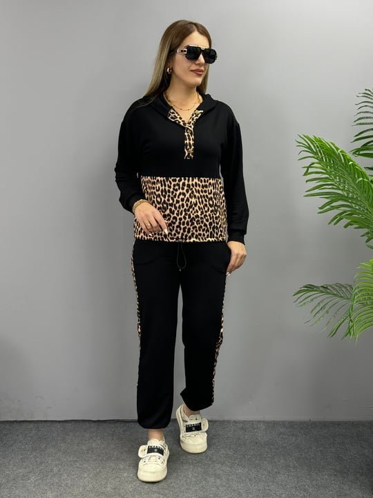 Kadın Uzun Kollu Kapşonlu Leopar Desen Detaylı Viskon Iki Iplik Bluz Ve Pantolon Ikili Takım - Görsel 9