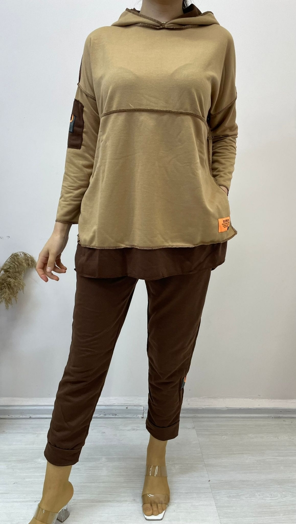 Kadın Yeşil Kapşonlu Etek Ucu Detay Arma Ters Dikiş Gorunumlu Ikili Takım - Görsel 8