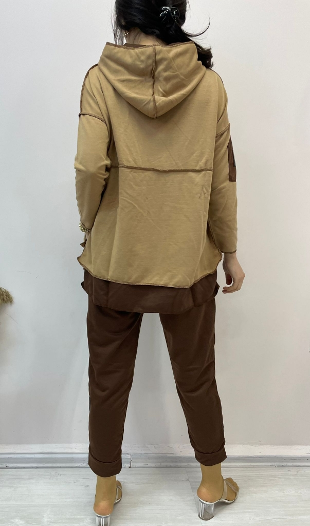 Kadın Yeşil Kapşonlu Etek Ucu Detay Arma Ters Dikiş Gorunumlu Ikili Takım - Görsel 9