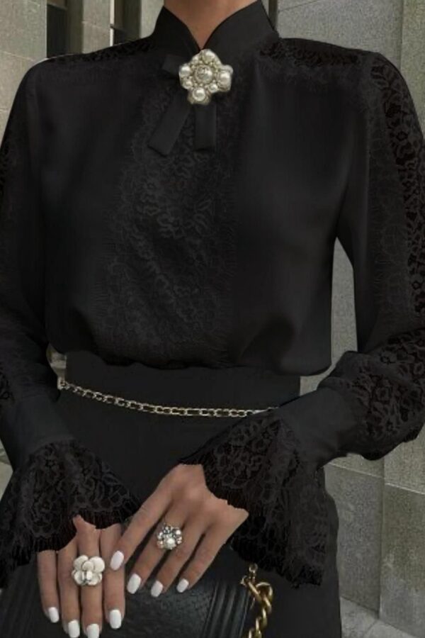 Kadın Uzun Kollu Hakim Yaka Ithal Dantel Detay Gömlek