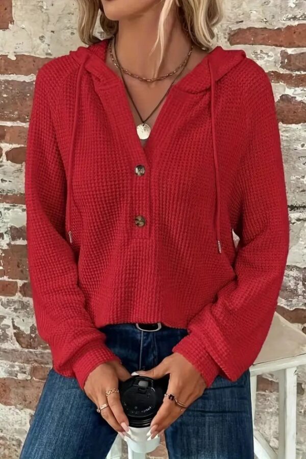 Kadın Uzun Kollu Kapşonlu önü Düğmeli Ve Bağcıklı Waffle Bluz