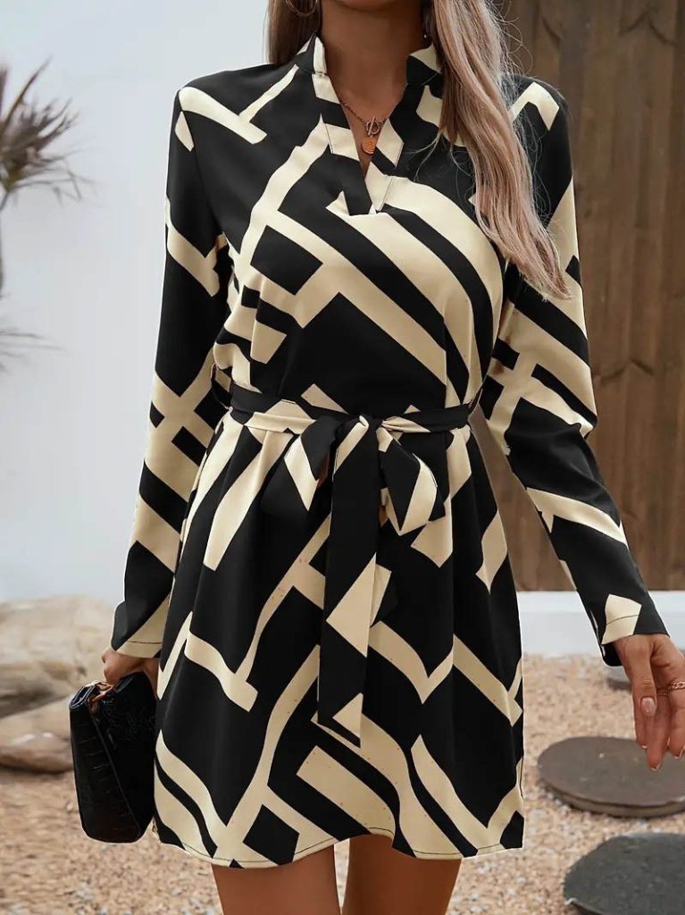 Kadın Uzun Kollu V Yakalı Desenli Belinde Kuşaklı Dalgıç Elbise - Görsel 7