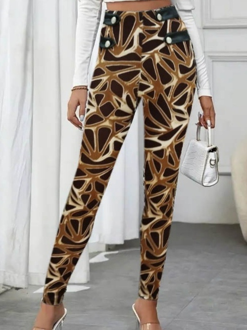 Kadın Yüksek Bel Kaz Ayağı Desenli Yan şerit Düğme Detaylı Dalgıç Pantolon - Görsel 3