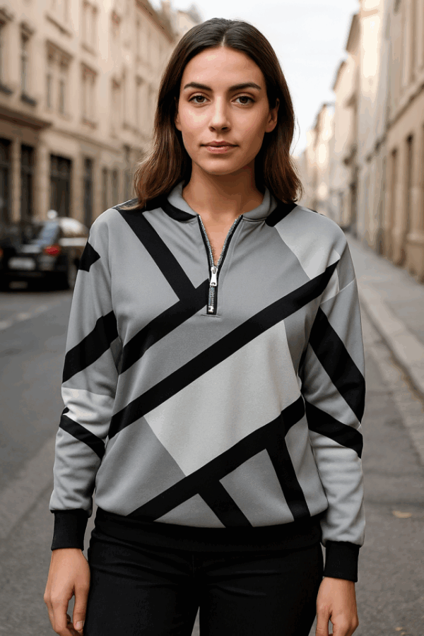 Kadın Uzun Kollu Yuvarlak Yaka Fermuarlı Desenli şardonlu Bluz