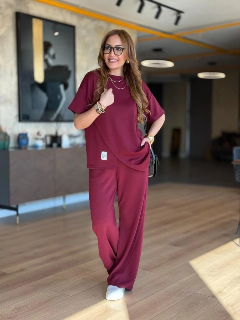 Kadın Kısa Kollu Bisiklet Yaka Asimetrik Viskon Iki Iplik Bluz Ve Pantolon Ikili Takım - Görsel 4