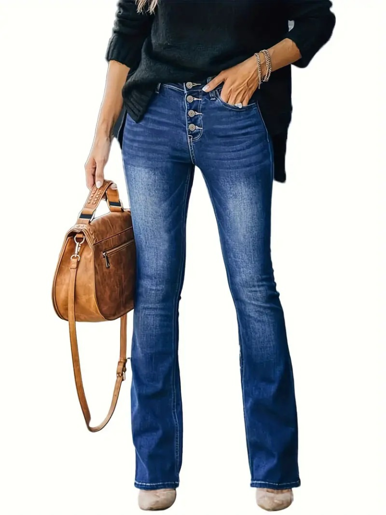 Kadın Yüksek Bel önden Düğmeli Cep Detay Ispanyol Paça Denim Pantolon - Görsel 6