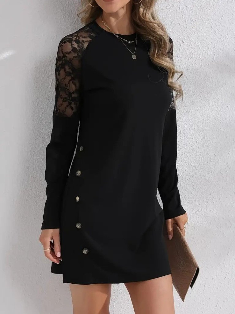 Kadın Uzun Kollu Bisiklet Yaka Dantel Detaylı Visk8n Iki Iplik Düğmeli Mini Elbise - Görsel 4