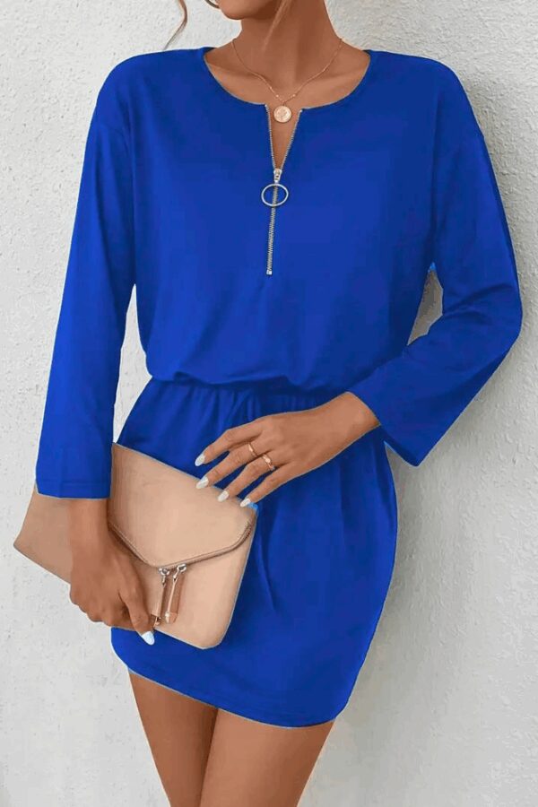 Kadın Uzun Kollu önden Fermuarlı Beli Bağcıklı Kısa Viskon Iki Iplik Elbise