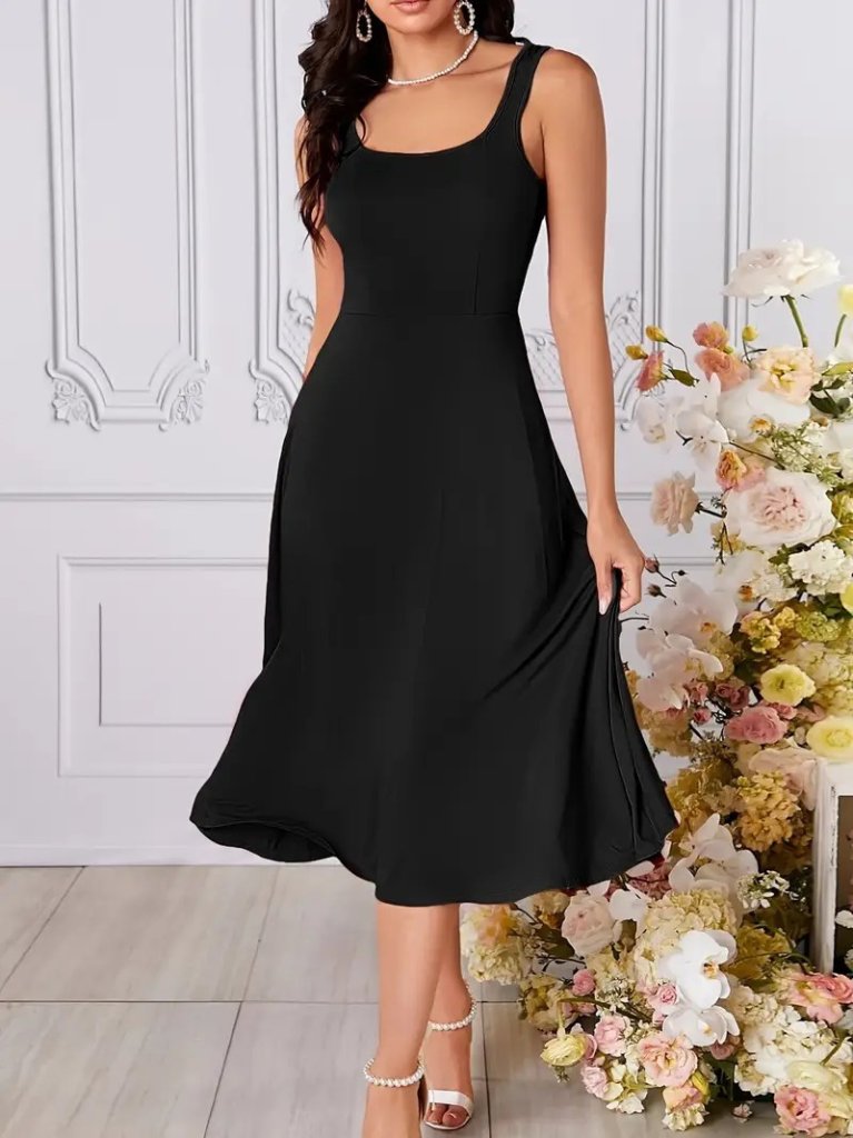 Kadın Askılı Kare Yaka Yırtmaçlı Midi Janjan Krep Elbise