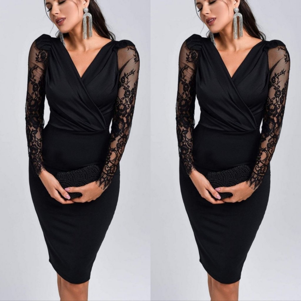 Kadın Uzun Kollu Kruvaze Yaka Kollar Tül Detay Krep Mini Boy Elbise - Görsel 3