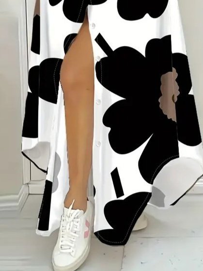 Kadın Yakalı önden Düğmeli çiçek Desenli Uzun Süprem Elbise - Görsel 4