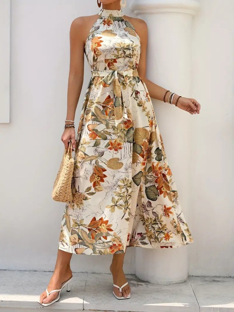 Kadın Omuzlardan Açık Halter Yakalı Yırtmaçlı çiçek Desenli Süprem Elbise - Görsel 6