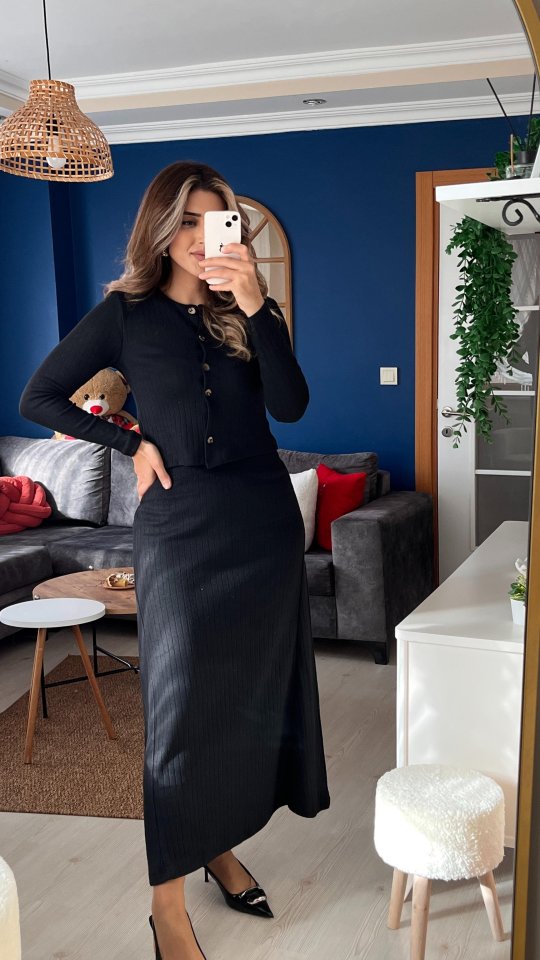 Kadın Uzun Kollu önden Düğmeli Bluz Ve Yüksek Bel A Kesim Uzun Etek şardonlu Kaşkorse Ikili Takım - Görsel 5