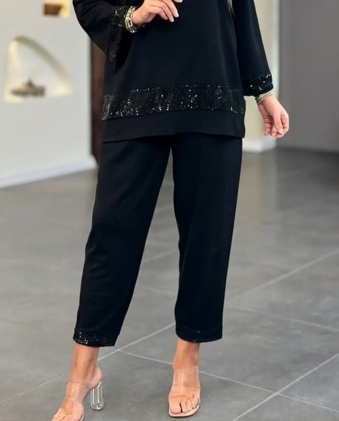 Kadın Uzun Kollu V Yakalı Pulpayet Viskon Iki Iplik Bluz Ve Pantolon Takım - Görsel 13