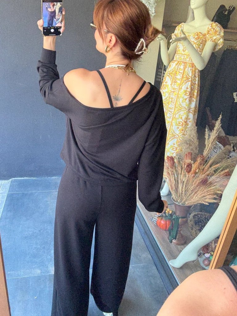 Kadın Uzun Kollu Tek Omuzdan Açık Viskon Iki Iplik Bluz Ve Pantolon Ikili Takım - Görsel 4