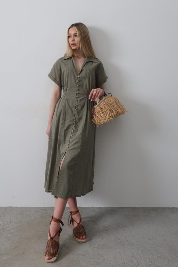 Önü Düğmeli Kısa Kol Elbise - Haki