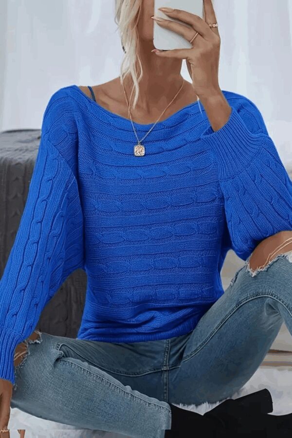 Kadın Uzun Kollu Yakası Açık Saç örgü Desenli Triko Bluz