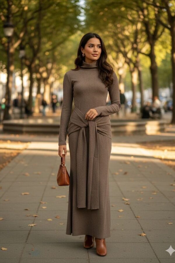 Kadın Uzun Kollubalıkçı Yaka Bürümcük Kumaş Kuşak Dahilkalem Elbise