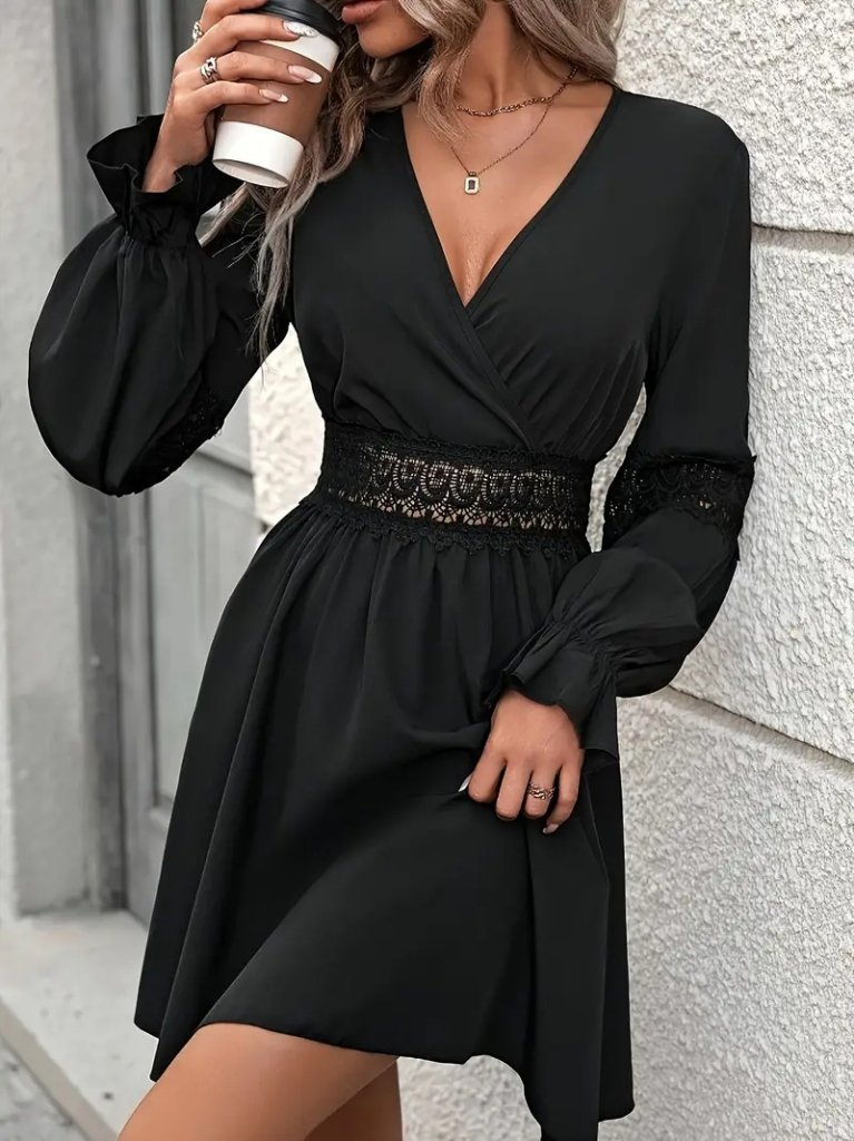 Kadın Uzun Kollu Kruvaze Yakalı Dantelli Fermuar Detaylı Mini Ithal Krep Elbise - Görsel 11