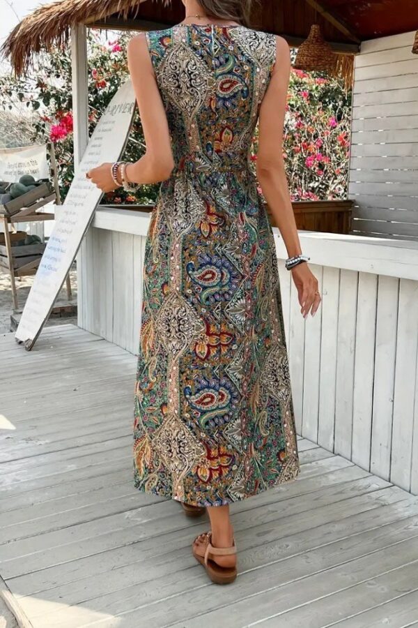 Kadın Kolsuz V Yakalı Desenli Süprem Tulum Elbise