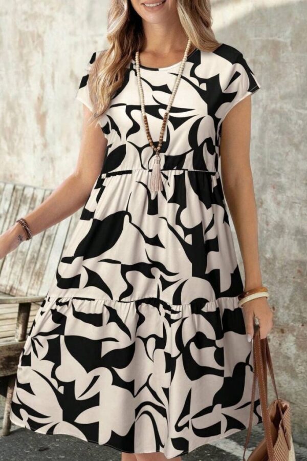 Kadın Kısa Kollu Bisiklet Yaka Desenli Fırfırlı Süprem Elbise