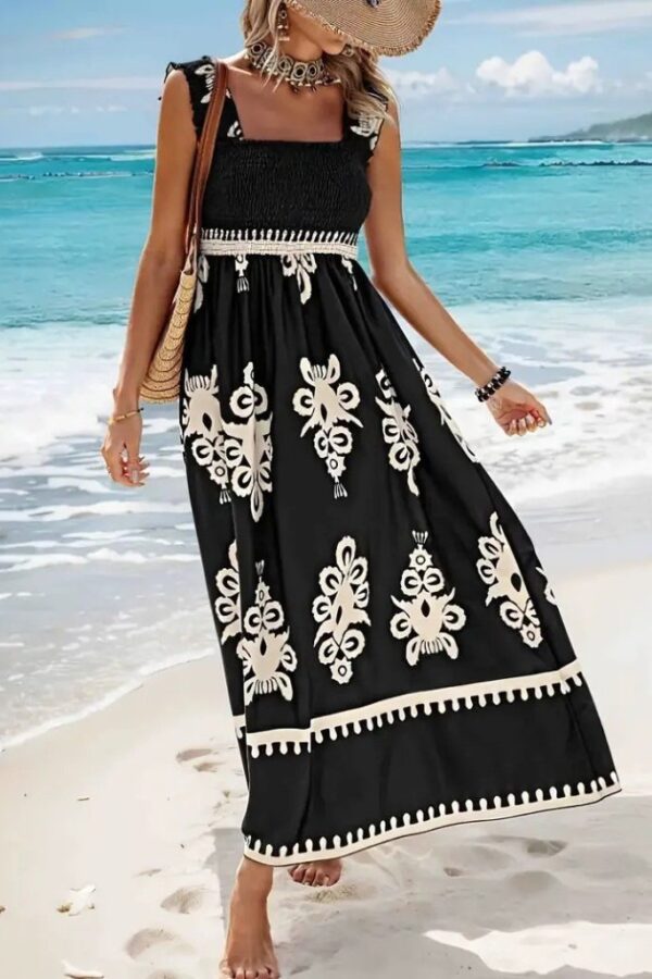 Kadın Askılı Kare Yaka Gipe Detaylı Desenli Suprem Elbise