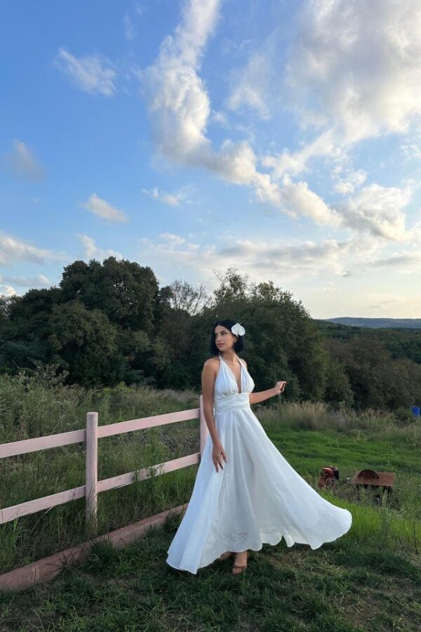 Sarı Askılı Keten Elbise