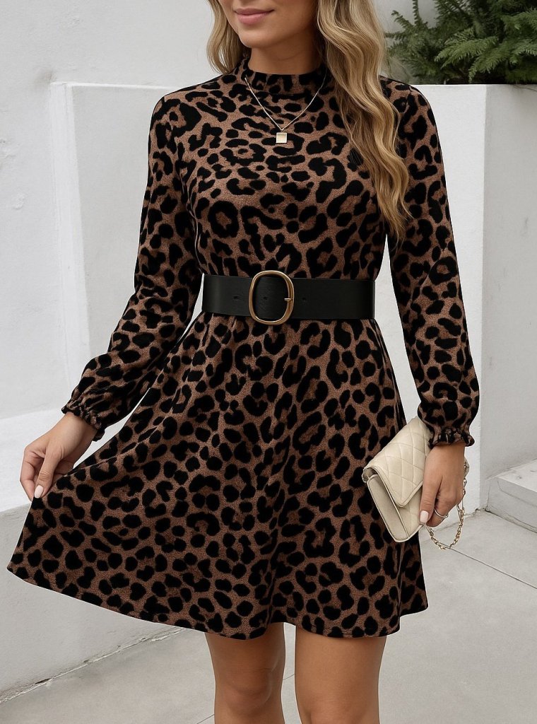 Kadın Uzun Kollu Yarı Balıkçı Yaka Leopar Desenli Kadife Elbise - Görsel 3