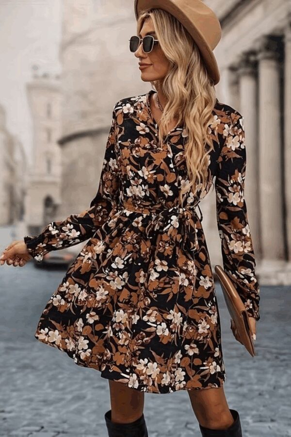 Kadın Uzun Kollu Kruvaze Yaka çiçek Desenli Dalgıç Elbise