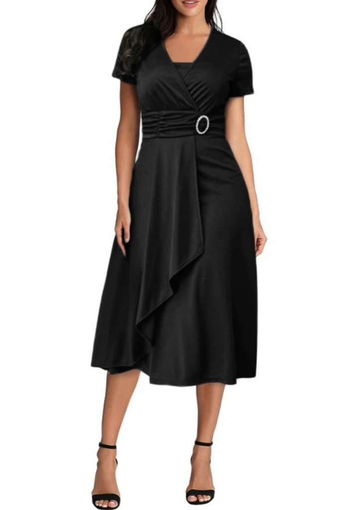 Kadın Kısa Kollu Kruvaze Yaka Kuşak Ve Toka Detay Krep Elbise - Görsel 3