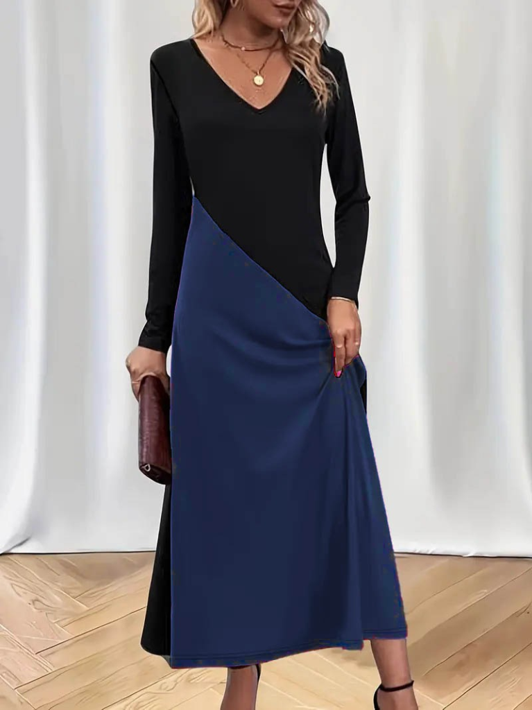 Kadın Uzun Kollu V Yakalı Blok Desenli Viskon Elbise - Görsel 7