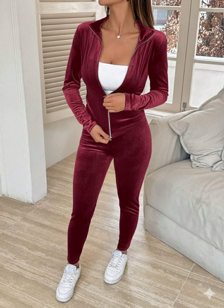 Kadın Uzun Kollu önden Fermuarlı Kadife Bluz Ve Pantolon Ikili Takım - Görsel 10